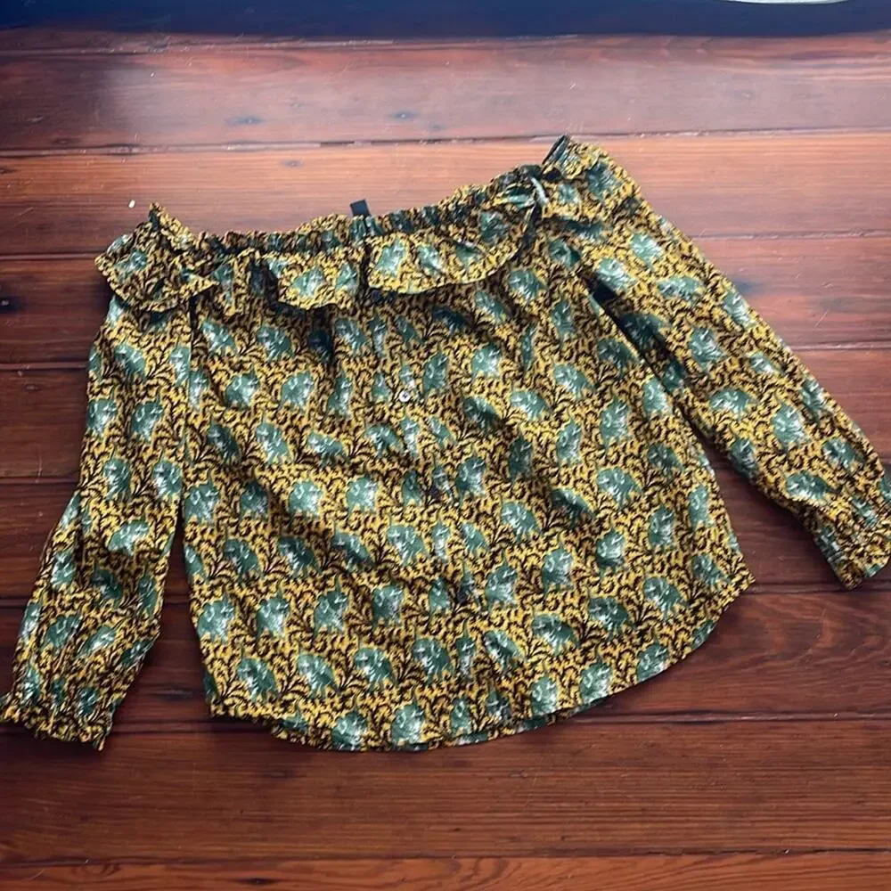 J. Crew elephant print off the shoulder button up long sleeve shirt sz 4